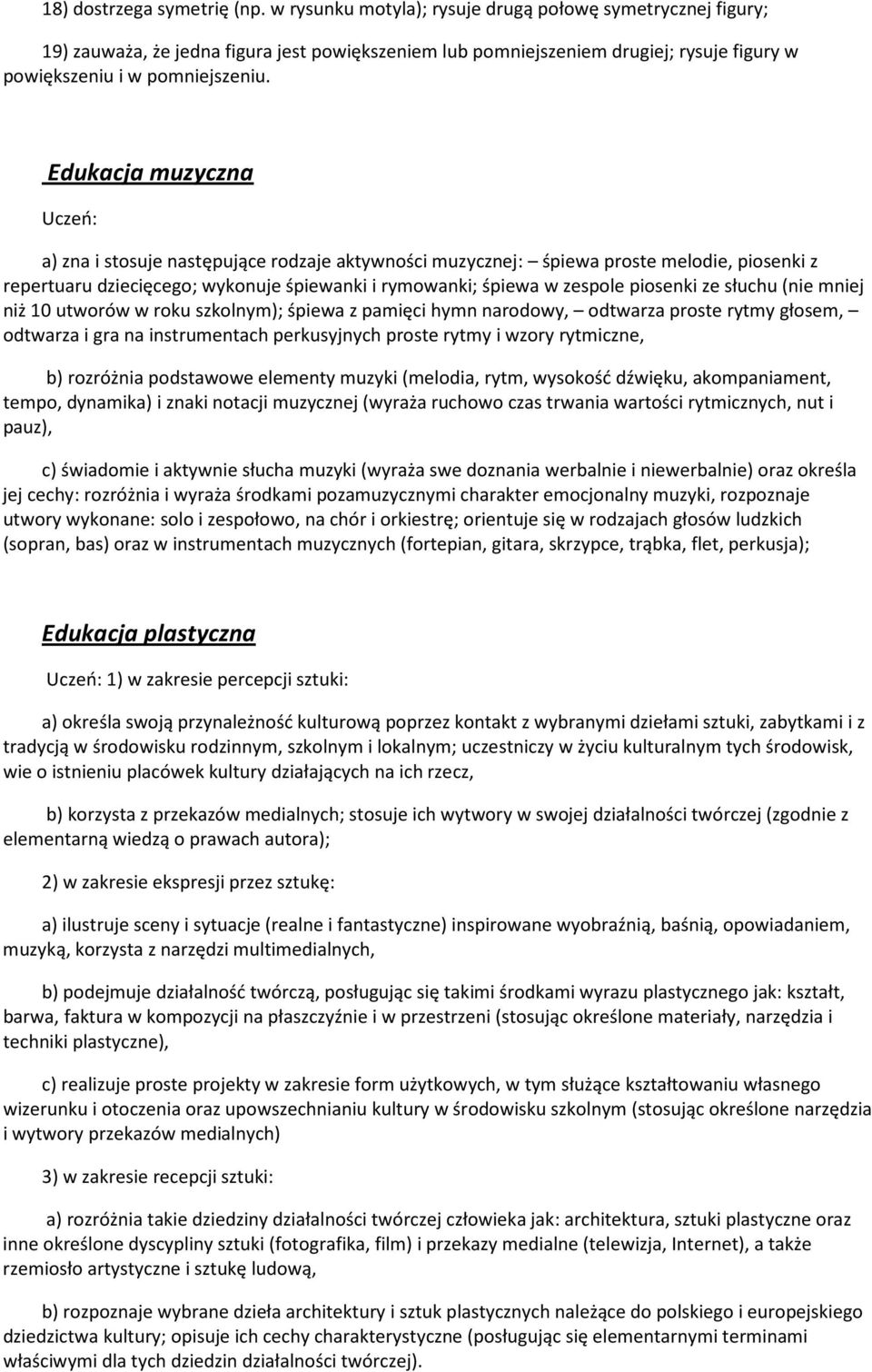 Edukacja muzyczna Uczeń: a) zna i stosuje następujące rodzaje aktywności muzycznej: śpiewa proste melodie, piosenki z repertuaru dziecięcego; wykonuje śpiewanki i rymowanki; śpiewa w zespole piosenki