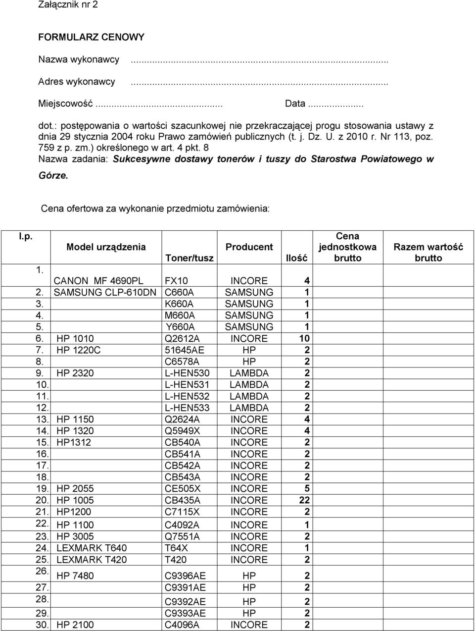 ) określonego w art. 4 pkt. 8 Nazwa zadania: Sukcesywne dostawy tonerów i tuszy do Starostwa Powiatowego w Górze. Cena ofertowa za wykonanie przedmiotu zamówienia: l.p. Model urządzenia Producent Toner/tusz Ilość 1.