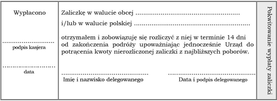 upoważniając jednocześnie Urząd do potrącenia kwoty nierozliczonej zaliczki z najbliższych