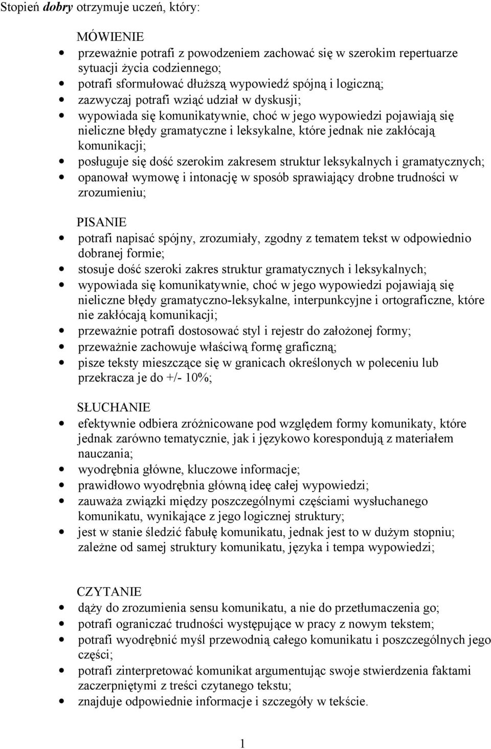 posługuje się dość szerokim zakresem struktur leksykalnych i gramatycznych; opanował wymowę i intonację w sposób sprawiający drobne trudności w zrozumieniu; potrafi napisać spójny, zrozumiały, zgodny