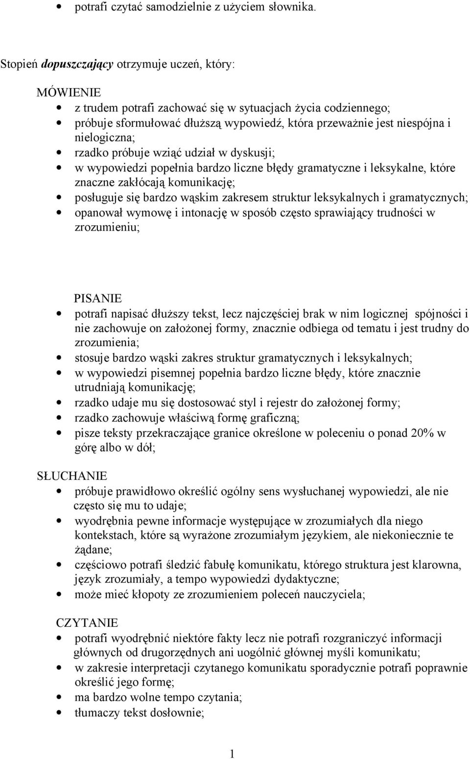 rzadko próbuje wziąć udział w dyskusji; w wypowiedzi popełnia bardzo liczne błędy gramatyczne i leksykalne, które znaczne zakłócają komunikację; posługuje się bardzo wąskim zakresem struktur