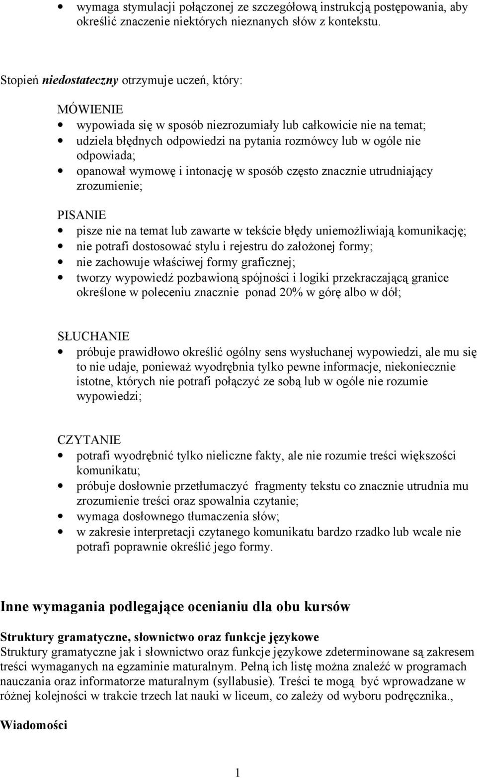 wymowę i intonację w sposób często znacznie utrudniający zrozumienie; pisze nie na temat lub zawarte w tekście błędy uniemożliwiają komunikację; nie potrafi dostosować stylu i rejestru do założonej