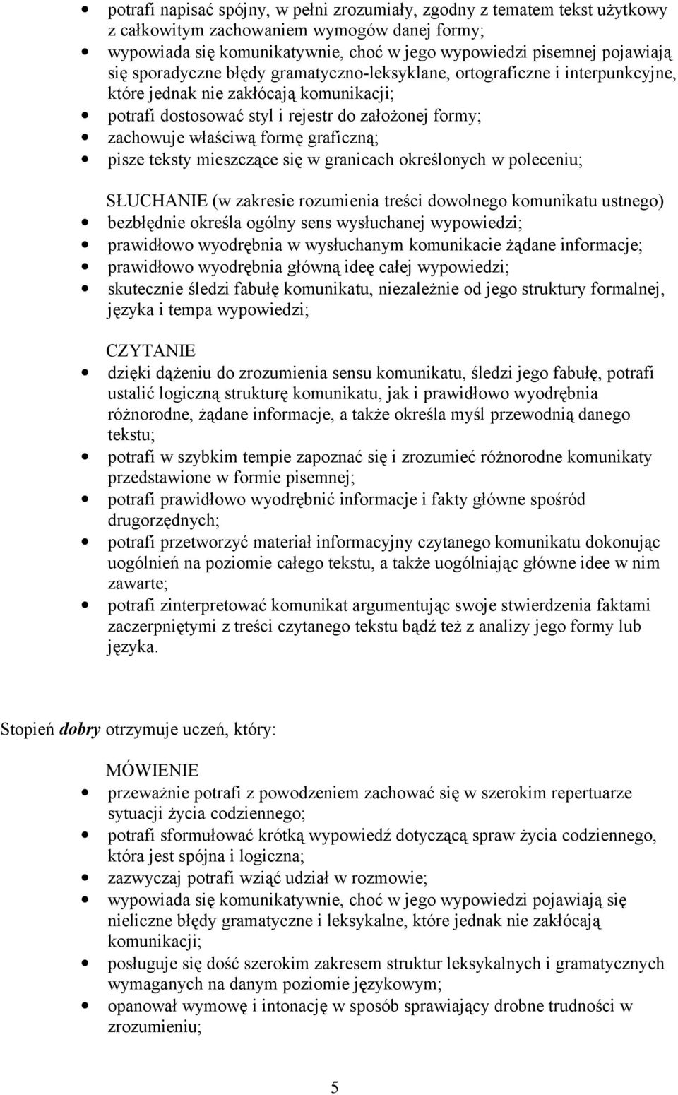 graficzną; pisze teksty mieszczące się w granicach określonych w poleceniu; (w zakresie rozumienia treści dowolnego komunikatu ustnego) bezbłędnie określa ogólny sens wysłuchanej wypowiedzi;