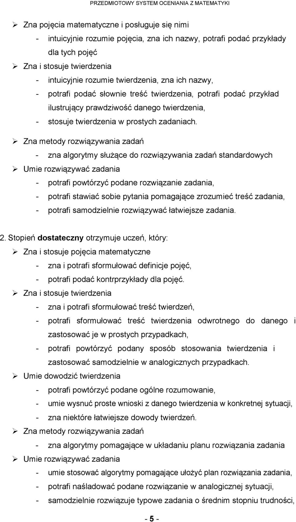 Zna metody rozwiązywania zadań - zna algorytmy służące do rozwiązywania zadań standardowych Umie rozwiązywać zadania - potrafi powtórzyć podane rozwiązanie zadania, - potrafi stawiać sobie pytania