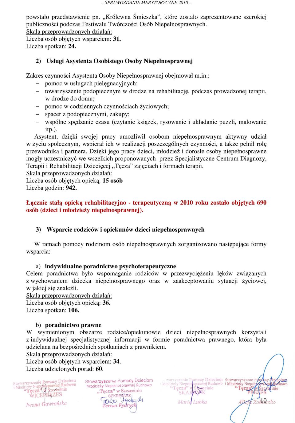 : pomoc w usługach pielęgnacyjnych; towarzyszenie podopiecznym w drodze na rehabilitację, podczas prowadzonej terapii, w drodze do domu; pomoc w codziennych czynnościach Ŝyciowych; spacer z