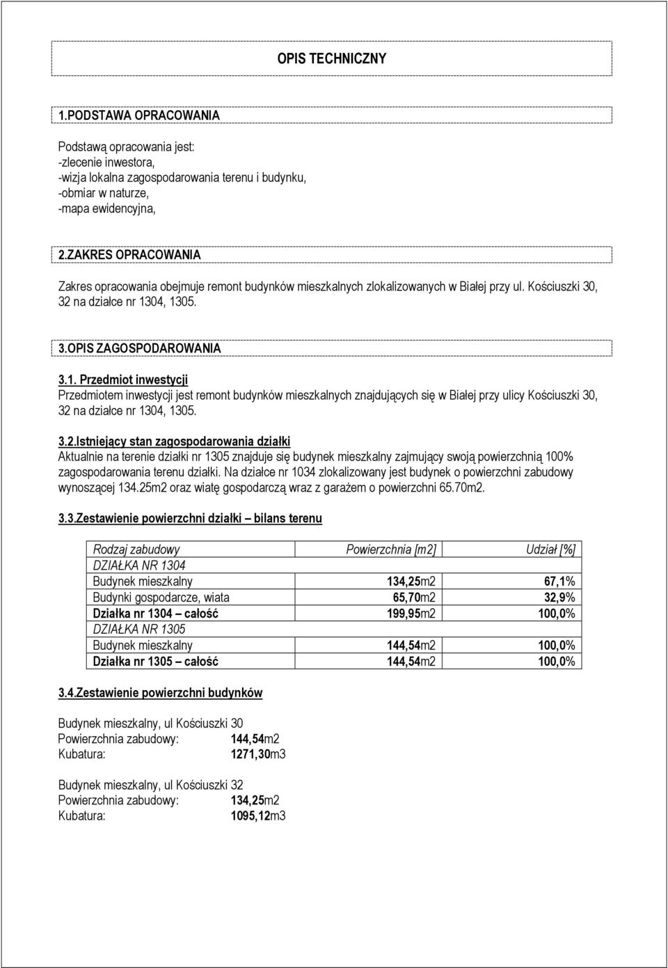 04, 1305. 3.OPIS ZAGOSPODAROWANIA 3.1. Przedmiot inwestycji Przedmiotem inwestycji jest remont budynków mieszkalnych znajdujących się w Białej przy ulicy Kościuszki 30, 32 