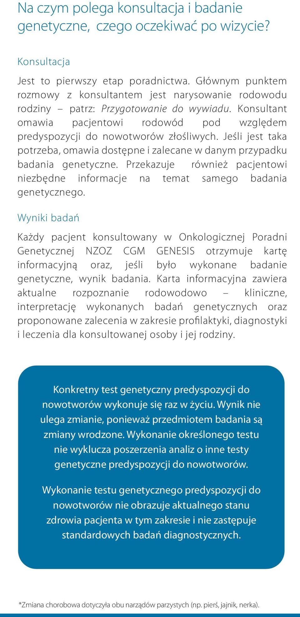 Jeśli jest taka potrzeba, omawia dostępne i zalecane w danym przypadku badania genetyczne. Przekazuje również pacjentowi niezbędne informacje na temat samego badania genetycznego.