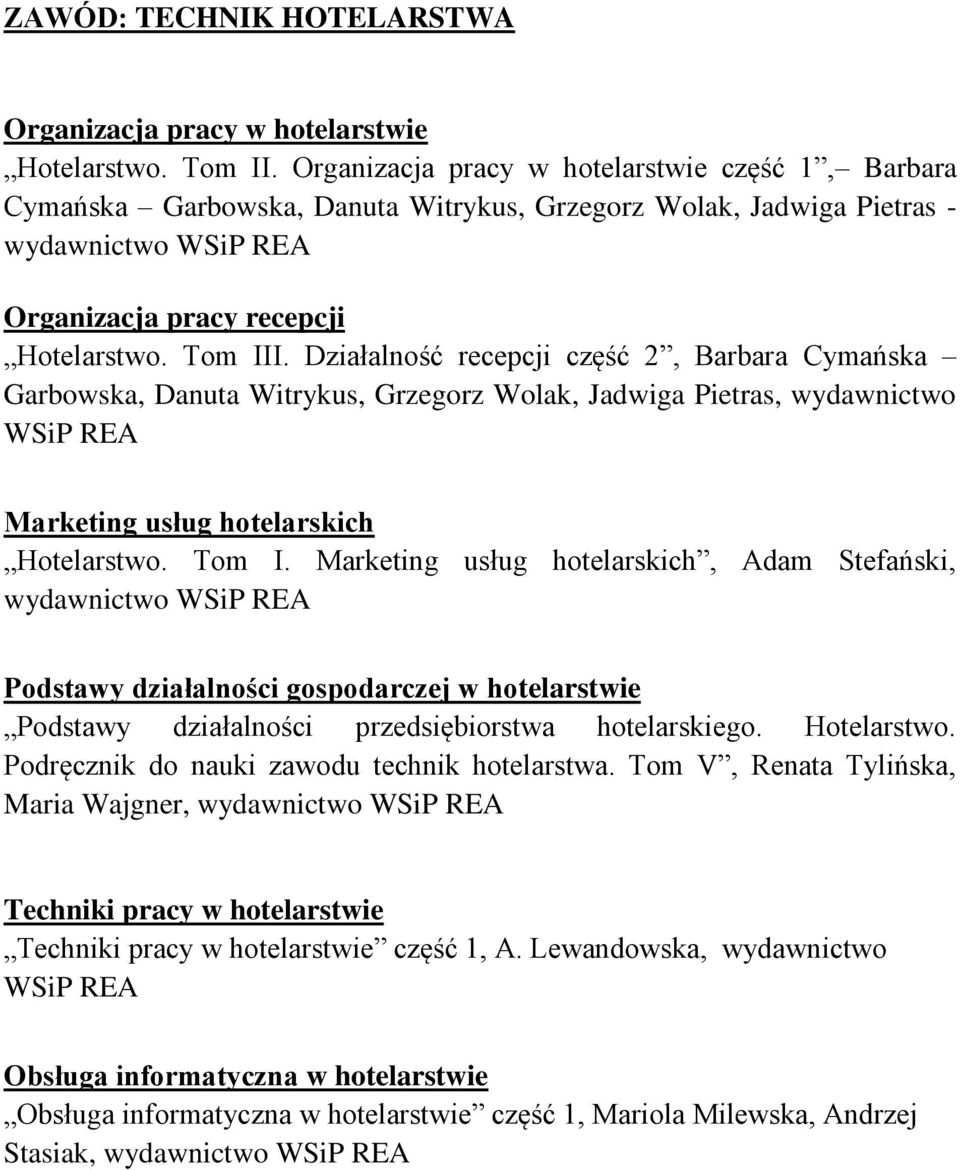 Działalność recepcji część 2, Barbara Cymańska Garbowska, Danuta Witrykus, Grzegorz Wolak, Jadwiga Pietras, wydawnictwo WSiP REA Marketing usług hotelarskich Hotelarstwo. Tom I.