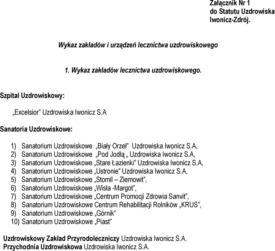 A, 3) Sanatorium Uzdrowiskowe Stare Łazienki Uzdrowiska Iwonicz S.A, 4) Sanatorium Uzdrowiskowe Ustronie Uzdrowiska Iwonicz S.