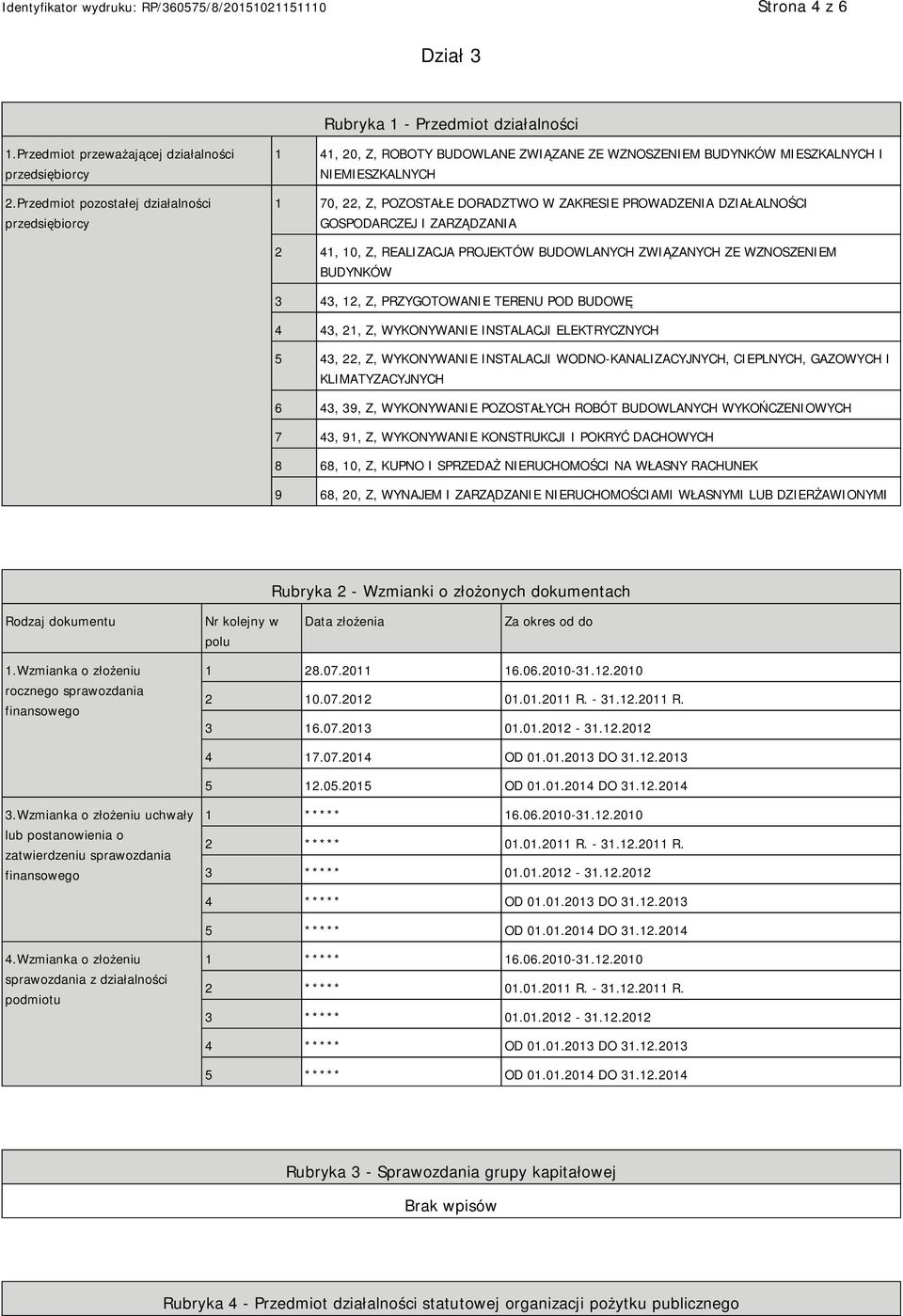 DZIAŁALNOŚCI GOSPODARCZEJ I ZARZĄDZANIA 2 41, 10, Z, REALIZACJA PROJEKTÓW BUDOWLANYCH ZWIĄZANYCH ZE WZNOSZEM BUDYNKÓW 3 43, 12, Z, PRZYGOTOWA TERENU POD BUDOWĘ 4 43, 21, Z, WYKONYWA INSTALACJI