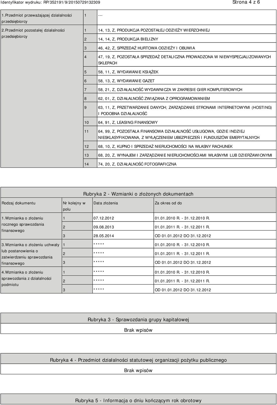 POZOSTAŁA SPRZEDAŻ DETALICZNA PROWADZONA W WYSPECJALIZOWANYCH SKLEPACH 5 58, 11, Z, WYDAWA KSIĄŻEK 6 58, 13, Z, WYDAWA GAZET 7 58, 21, Z, DZIAŁALNOŚĆ WYDAWNICZA W ZAKRESIE GIER KOMPUTEROWYCH 8 62,