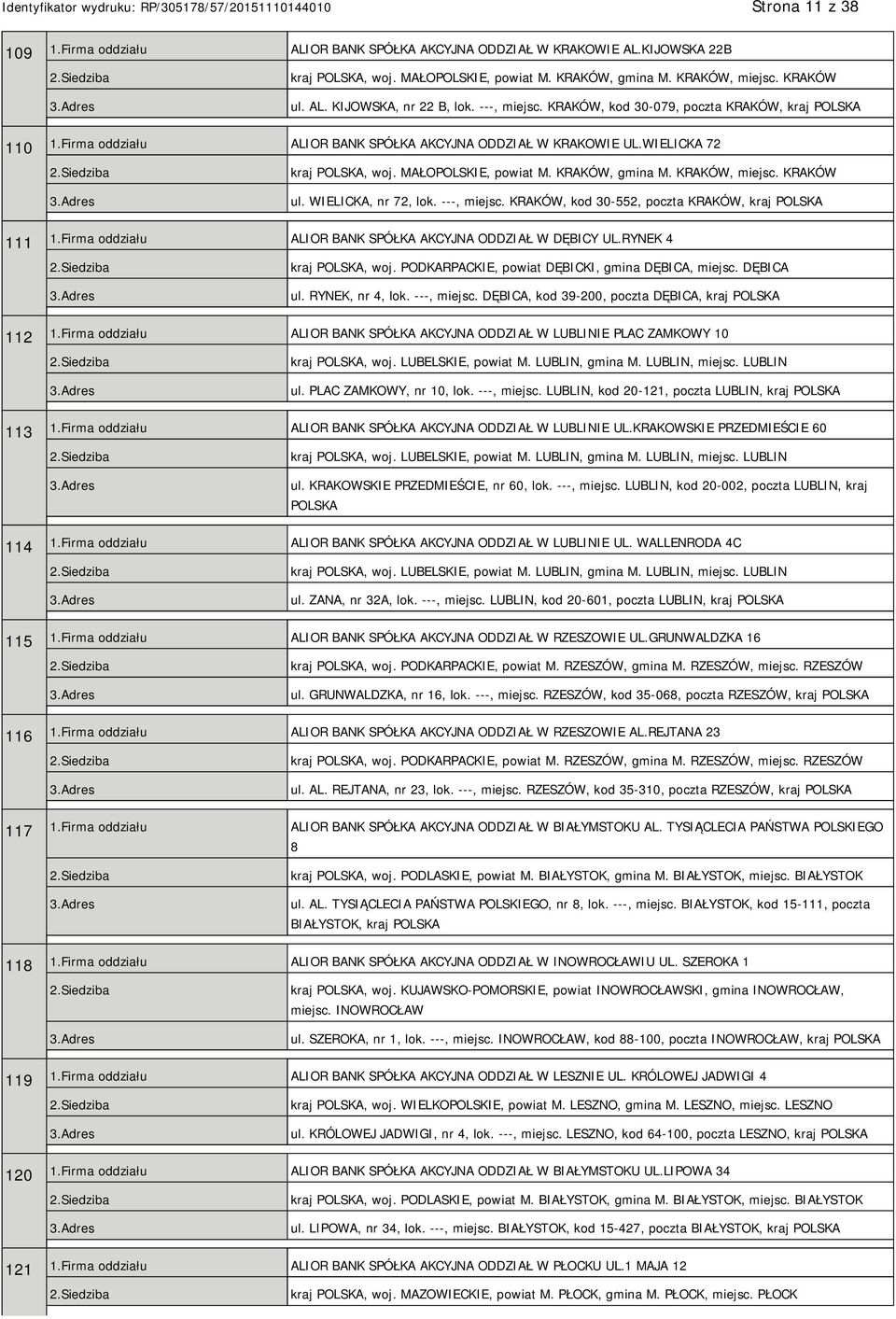 KRAKÓW ul. WIELICKA, nr 72, lok. ---, miejsc. KRAKÓW, kod 30-552, poczta KRAKÓW, kraj 111 1.Firma oddziału ALIOR BANK SPÓŁKA AKCYJNA ODDZIAŁ W DĘBICY UL.RYNEK 4 kraj, woj.
