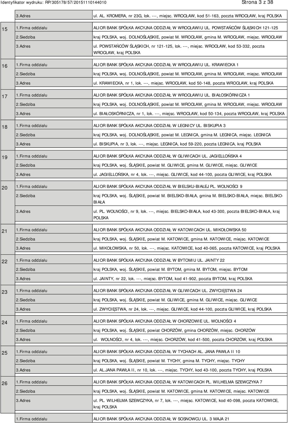 WROCŁAW, kod 53-332, poczta WROCŁAW, kraj 16 1.Firma oddziału ALIOR BANK SPÓŁKA AKCYJNA ODDZIAŁ W WROCŁAWIU UL. KRAWIECKA 1 kraj, woj. DOLNOŚLĄSKIE, powiat M. WROCŁAW, gmina M. WROCŁAW, miejsc.