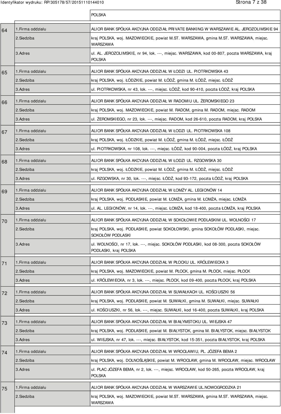PIOTRKOWSKA, nr 43, lok. ---, miejsc. ŁÓDŹ, kod 90-410, poczta ŁÓDŹ, kraj 66 1.Firma oddziału ALIOR BANK SPÓŁKA AKCYJNA ODDZIAŁ W RADOMIU UL. ŻEROMSKIEGO 23 kraj, woj. MAZOWIECKIE, powiat M.