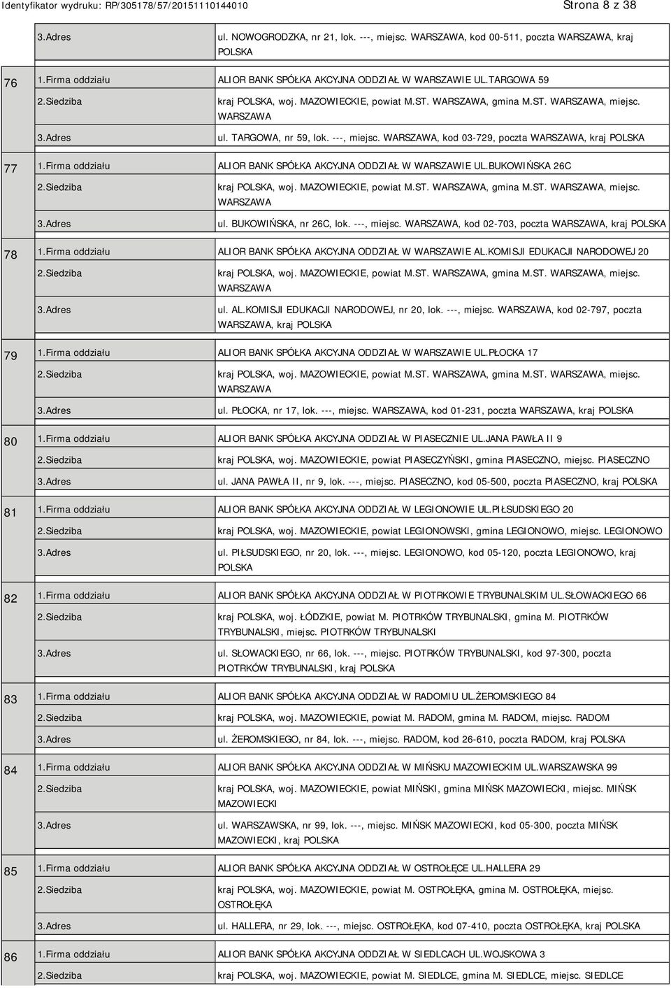 MAZOWIECKIE, powiat M.ST., gmina M.ST., miejsc. ul. BUKOWIŃSKA, nr 26C, lok. ---, miejsc., kod 02-703, poczta, kraj 78 1.Firma oddziału ALIOR BANK SPÓŁKA AKCYJNA ODDZIAŁ W WARSZAWIE AL.