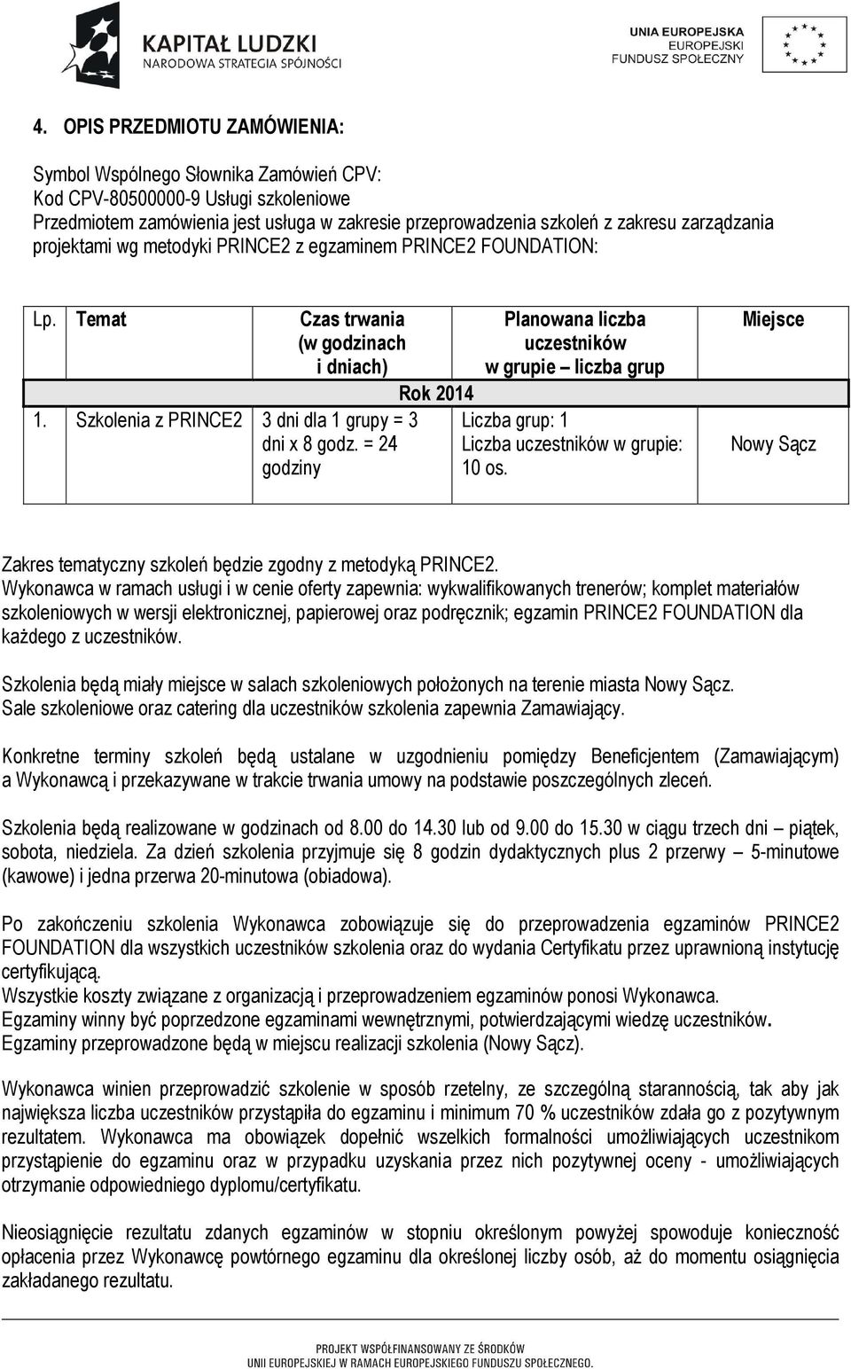 = 24 godziny Rok 2014 Planowana liczba uczestników w grupie liczba grup Liczba grup: 1 Liczba uczestników w grupie: 10 os. Miejsce Nowy Sącz Zakres tematyczny szkoleń będzie zgodny z metodyką PRINCE2.