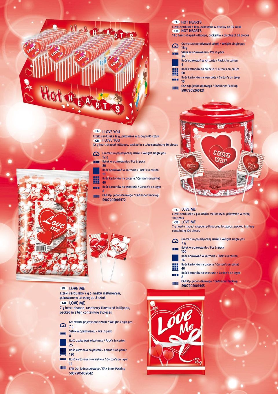 g o smaku malinowym, pakowane w torbę sztuk LOVE ME 7 g heart-shaped, raspberry-flavoured lollipops, packed in a bag containing pieces LOVE ME Lizaki serduszka 7 g o smaku