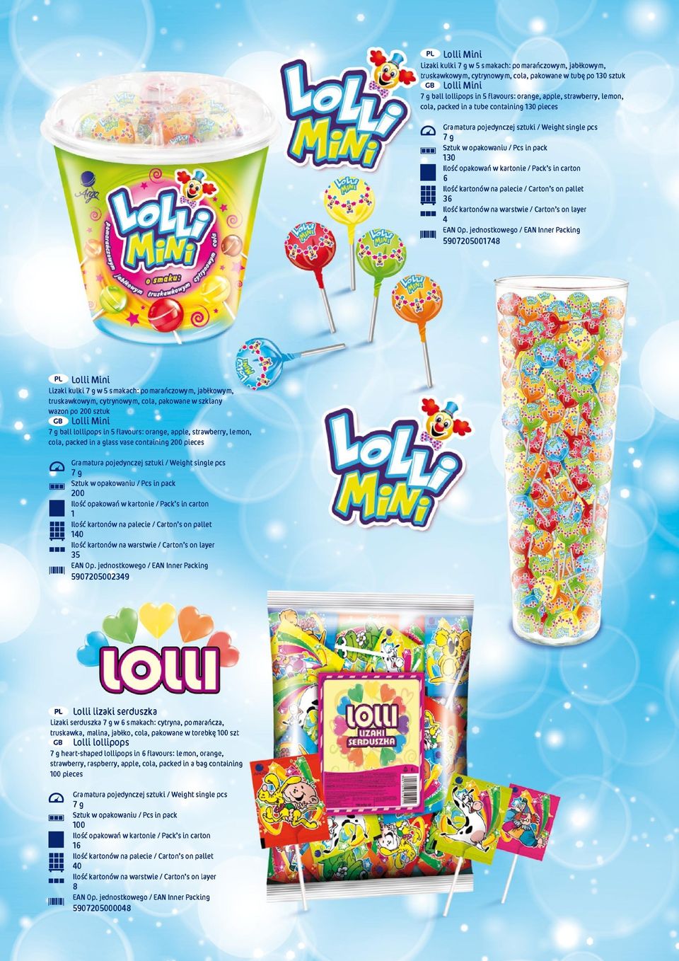 wazon po 200 sztuk Lolli Mini 7 g ball lollipops in 5 flavours: orange, apple, strawberry, lemon, cola, packed in a glass vase containing 200 pieces 7g 200 1 10 35 590720500239 Lolli lizaki serduszka