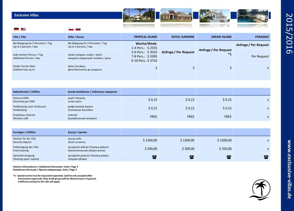 : $ 3710 *1 Per Request 3 3 3 x Nebenkosten / Utilities Strom je KWh Electricity per KWh Poolheizung nach Verbrauch Poolheating Drahtloses Internet Wireless LAN koszty dodatkowe / побочные издержки