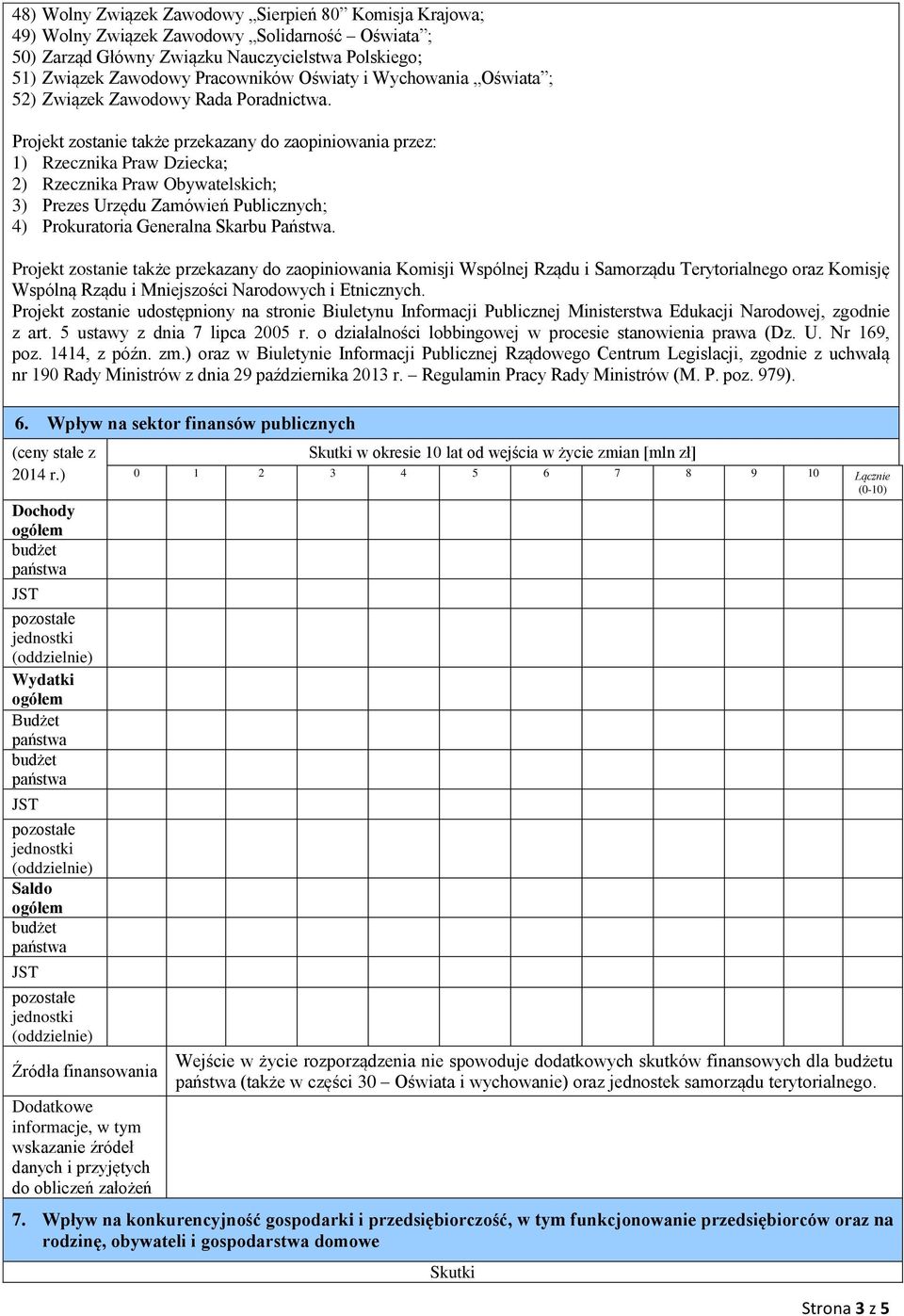 Projekt zosta także przekazany do zaopiniowania przez: 1) Rzecznika Praw Dziecka; 2) Rzecznika Praw Obywatelskich; 3) Prezes Urzędu Zamówień Publicznych; 4) Prokuratoria Generalna Skarbu Państwa.