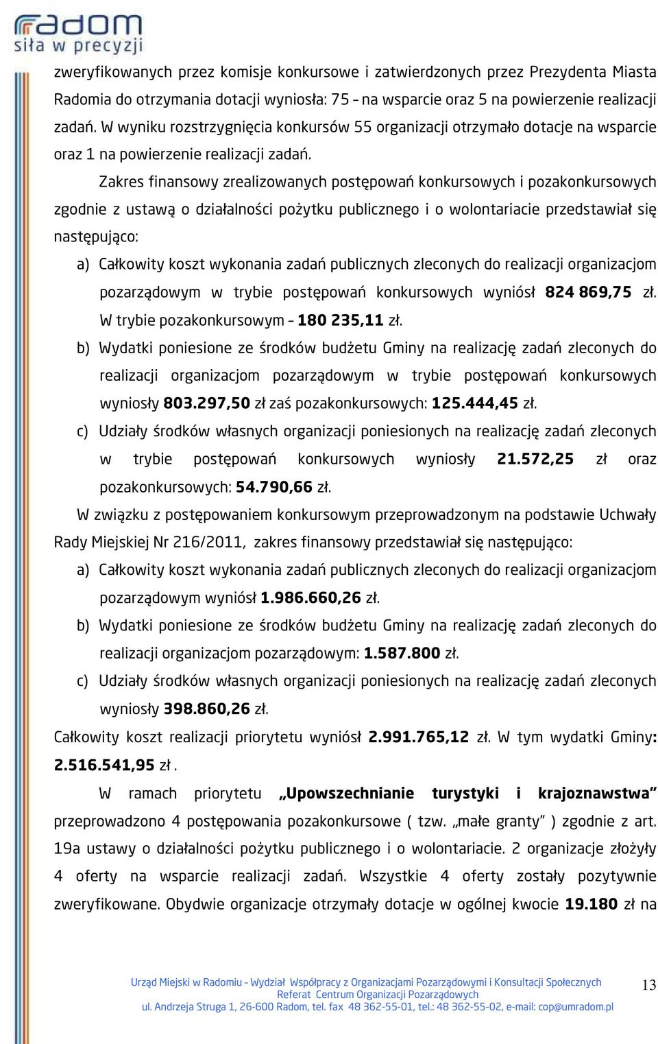 Zakres finansowy zrealizowanych postępowań konkursowych i pozakonkursowych zgodnie z ustawą o działalności pożytku publicznego i o wolontariacie przedstawiał się następująco: a) Całkowity koszt