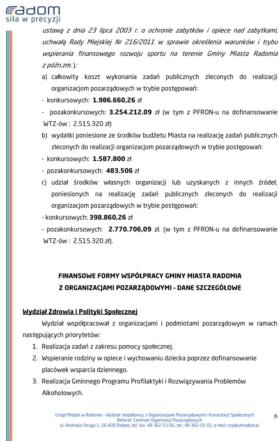 ): a) całkowity koszt wykonania zadań publicznych zleconych do realizacji organizacjom pozarządowych w trybie postępowań: - konkursowych: 1.986.660,26 zł - pozakonkursowych: 3.254.212.