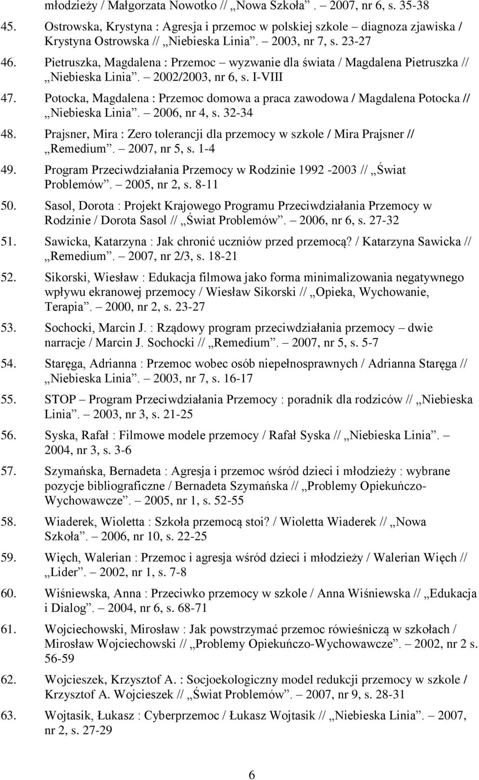 Potocka, Magdalena : Przemoc domowa a praca zawodowa / Magdalena Potocka // Niebieska Linia. 2006, nr 4, s. 32-34 48.