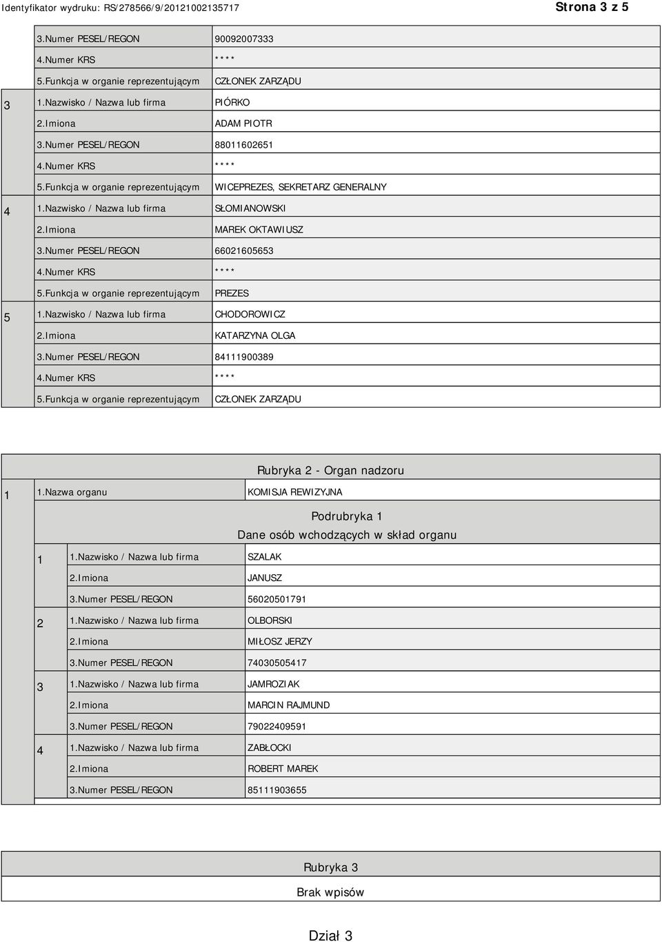 Numer PESEL/REGON 84111900389 CZŁONEK ZARZĄDU Rubryka 2 - Organ nadzoru 1 1.Nazwa organu KOMISJA REWIZYJNA Podrubryka 1 Dane osób wchodzących w skład organu 1 1.