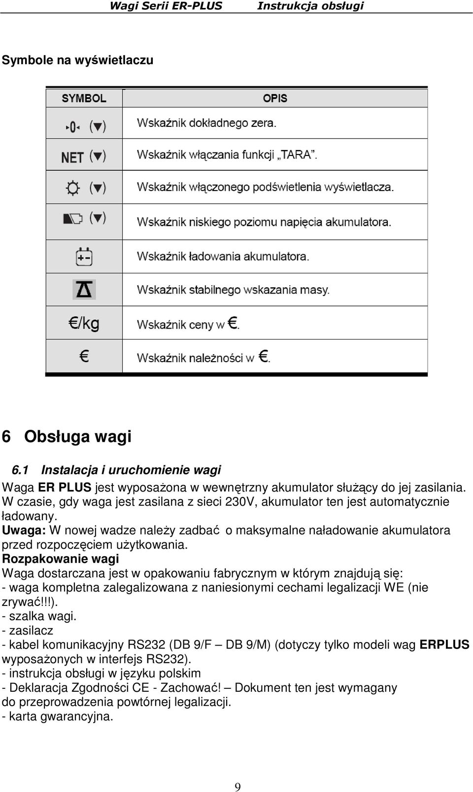 Rozpakowanie wagi Waga dostarczana jest w opakowaniu fabrycznym w którym znajdują się: - waga kompletna zalegalizowana z naniesionymi cechami legalizacji WE (nie zrywać!!!). - szalka wagi.