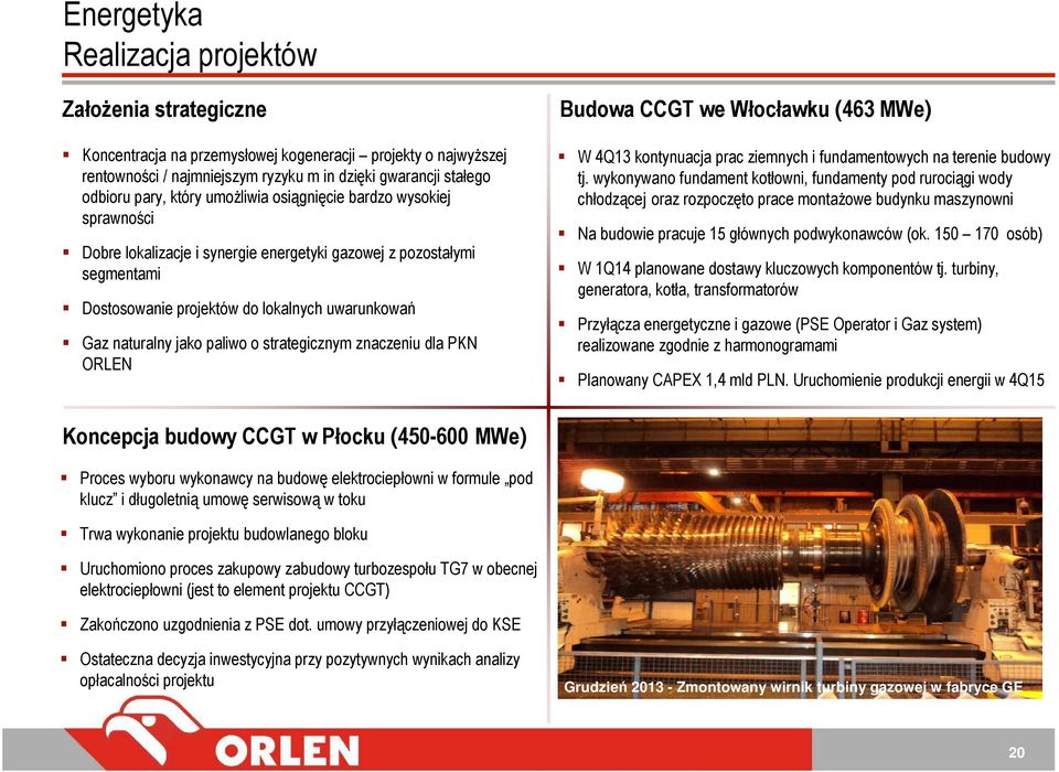 paliwo o strategicznym znaczeniu dla PKN ORLEN Budowa CCGT we Włocławku (463 MWe) W 4Q13 kontynuacja prac ziemnych i fundamentowych na terenie budowy tj.