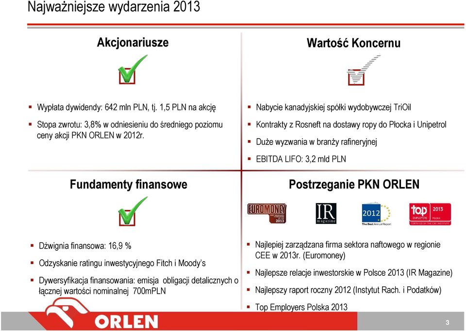 PKN ORLEN Dźwignia finansowa: 16,9 % Odzyskanie ratingu inwestycyjnego Fitch i Moody s Dywersyfikacja finansowania: emisja obligacji detalicznych o łącznej wartości nominalnej 700mPLN Najlepiej