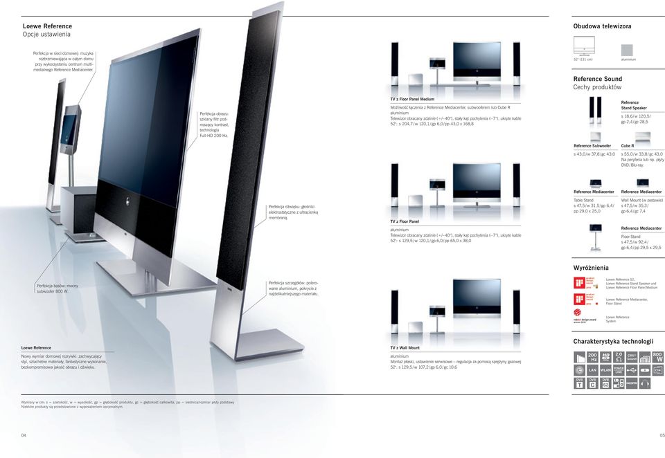 TV z Floor Panel Medum Możlwość łączena z Reference Medacenter, subwooferem lub ube R alumnum Telewzor obracany zdalne (+/ 0 ), stały kąt pocylena ( 7 ), ukryte kable 5": s 0,7 / w 0, / gp 6,0 / pp