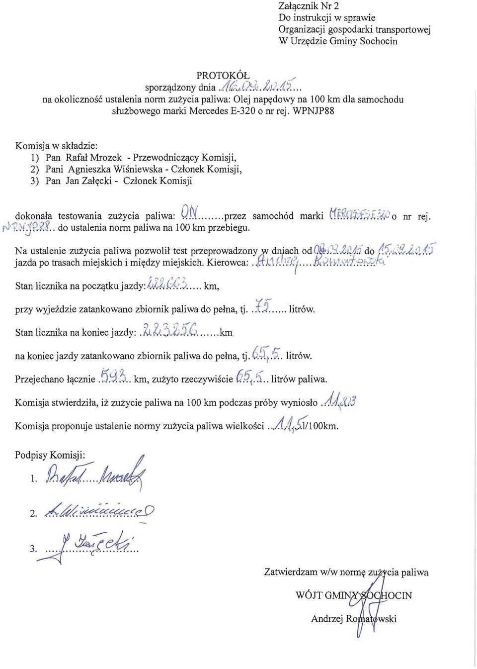 WPNJP88 Komisja w skladzie: 1) Pan Rafal Mrozek - Przewodniczqcy Komisji, 2) Pani Agnieszka Wisniewska - Czlonek Komisji, 3) Pan Jan Zalycki - Czlonek Komisji testowania zuzycia paliwa: Ol\i "J.t:.!j~.