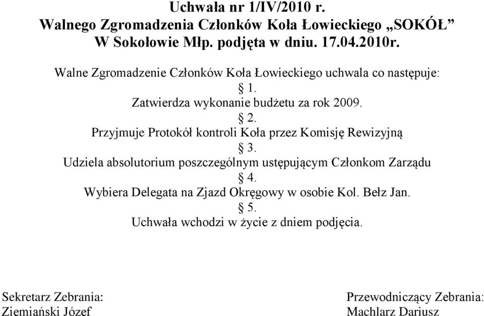 Przyjmuje Protokół kontroli Koła przez Komisję Rewizyjną 3. Udziela absolutorium poszczególnym ustępującym Członkom Zarządu 4.