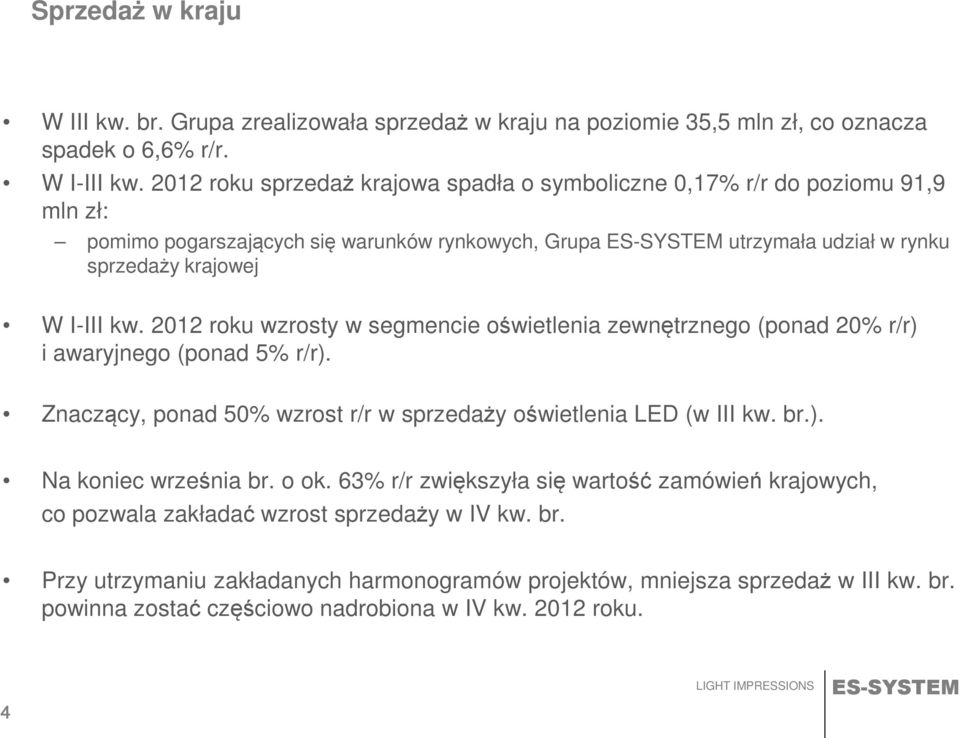 2012 roku wzrosty w segmencie oświetlenia zewnętrznego (ponad 20 r/r) i awaryjnego (ponad 5 r/r). Znaczący, ponad 50 wzrost r/r w sprzedaży oświetlenia LED (w III kw. br.). Na koniec września br.