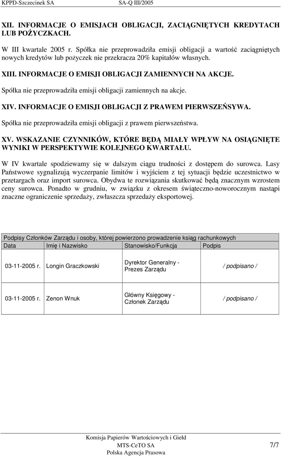 Spółka nie przeprowadziła emisji obligacji zamiennych na akcje. XIV. INFORMACJE O EMISJI OBLIGACJI Z PRAWEM PIERWSZESYWA. Spółka nie przeprowadziła emisji obligacji z prawem pierwszestwa. XV.