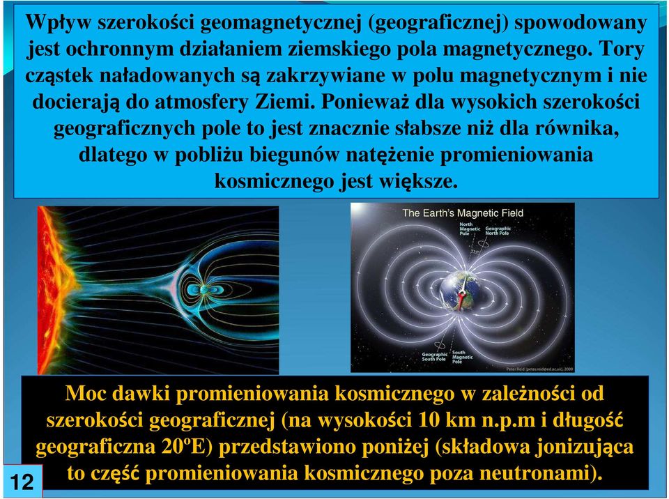 Ponieważ dla wysokich szerokości geograficznych pole to jest znacznie słabsze niż dla równika, dlatego w pobliżu biegunów natężenie promieniowania