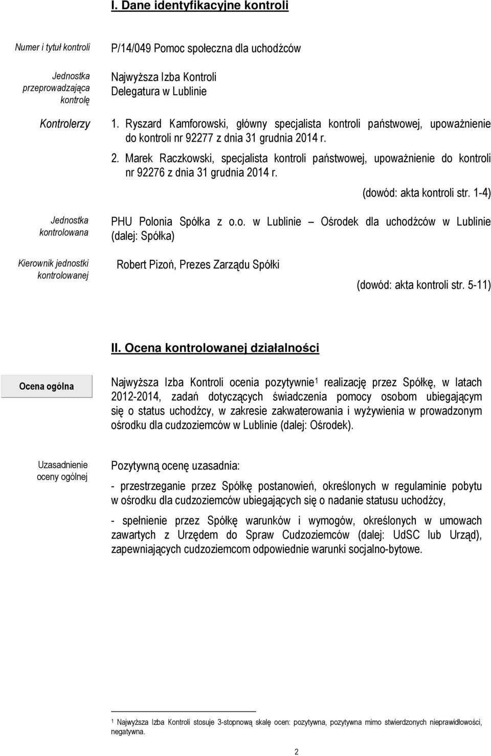 14 r. 2. Marek Raczkowski, specjalista kontroli państwowej, upoważnienie do kontroli nr 92276 z dnia 31 grudnia 2014 r. (dowód: akta kontroli str. 1-4) PHU Polonia Spółka z o.o. w Lublinie Ośrodek dla uchodźców w Lublinie (dalej: Spółka) Kierownik jednostki kontrolowanej Robert Pizoń, Prezes Zarządu Spółki (dowód: akta kontroli str.