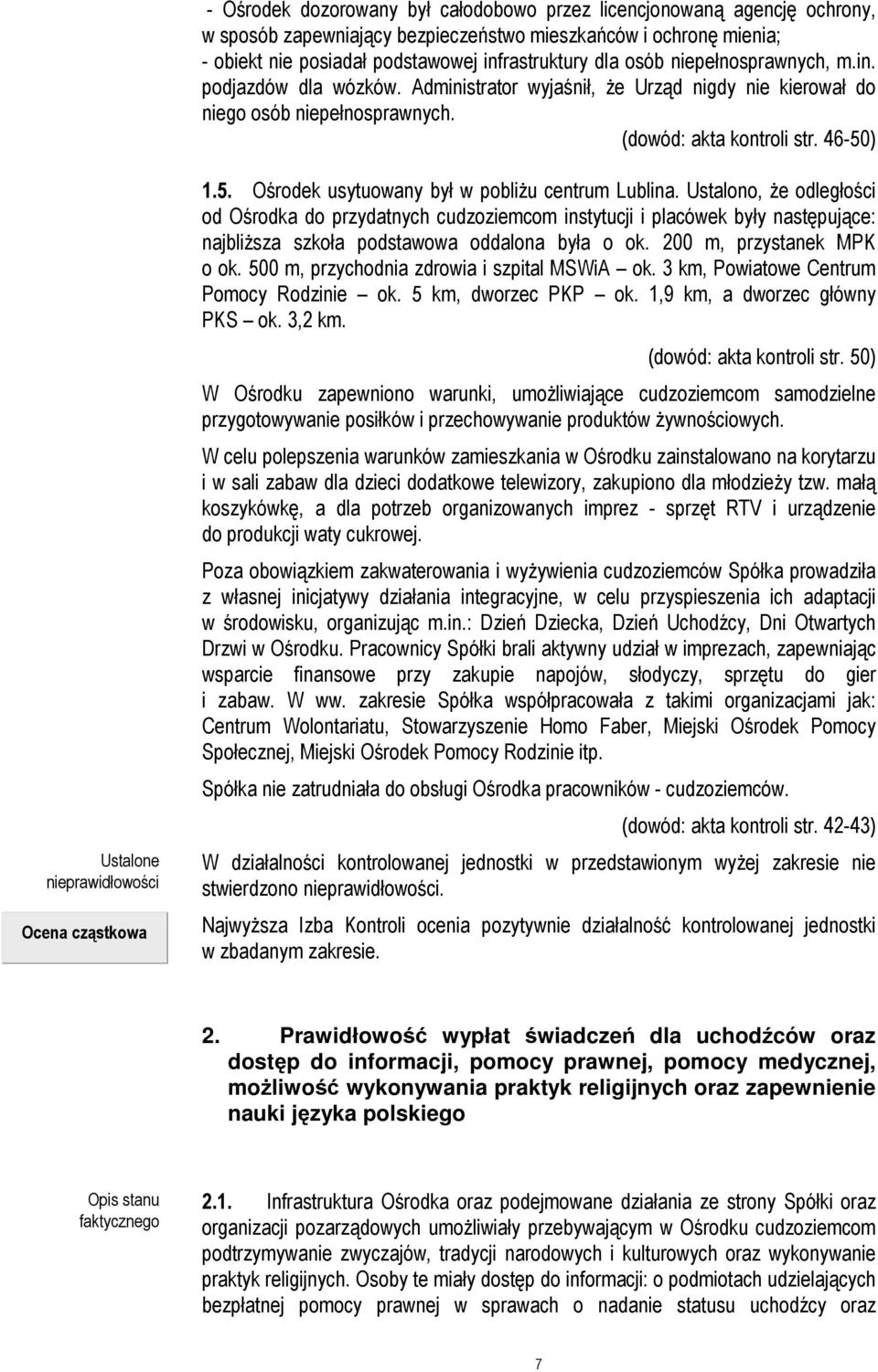 46-50) Ustalone nieprawidłowości Ocena cząstkowa 1.5. Ośrodek usytuowany był w pobliżu centrum Lublina.