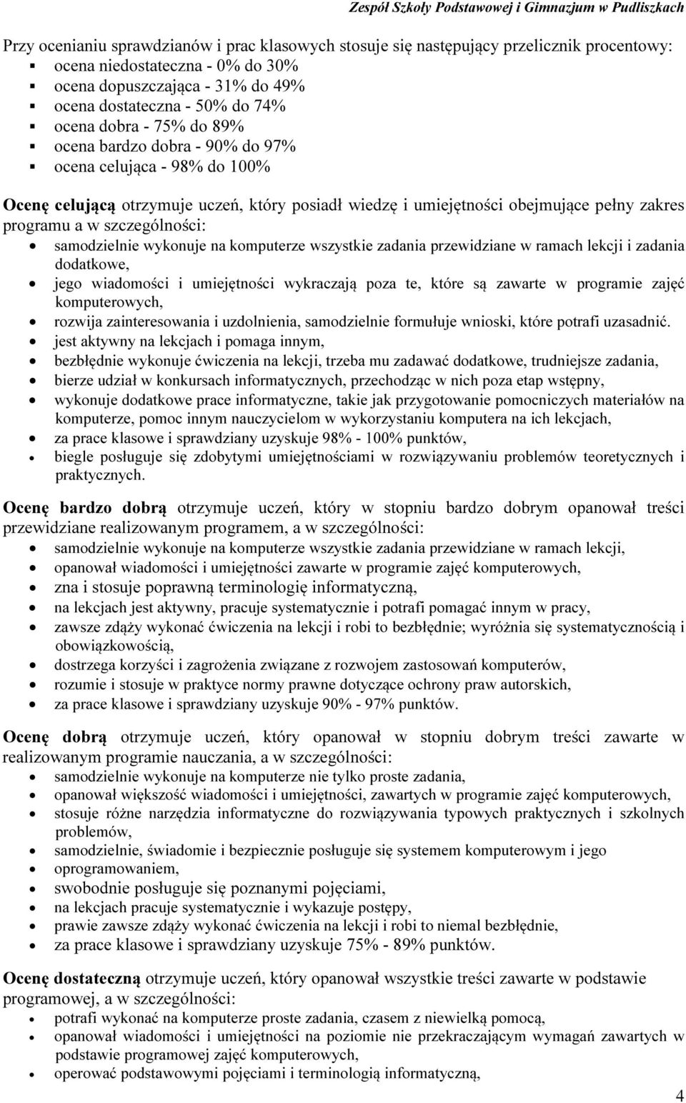 samodzielnie wykonuje na komputerze wszystkie zadania przewidziane w ramach lekcji i zadania dodatkowe, jego wiadomości i umiejętności wykraczają poza te, które są zawarte w programie zajęć