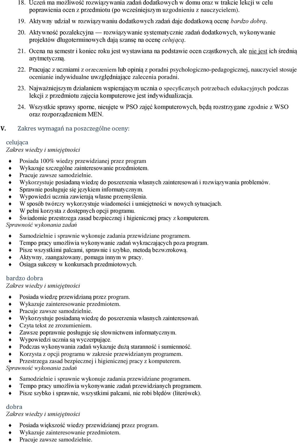 Aktywność pozalekcyjna rozwiązywanie systematycznie zadań dodatkowych, wykonywanie projektów długoterminowych dają szansę na ocenę celującą. 21.
