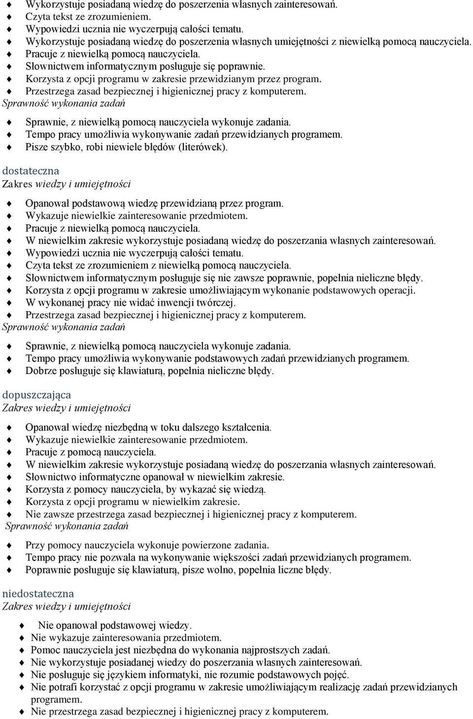 Korzysta z opcji programu w zakresie przewidzianym przez program. Przestrzega zasad bezpiecznej i higienicznej pracy z komputerem. Sprawnie, z niewielką pomocą nauczyciela wykonuje zadania.