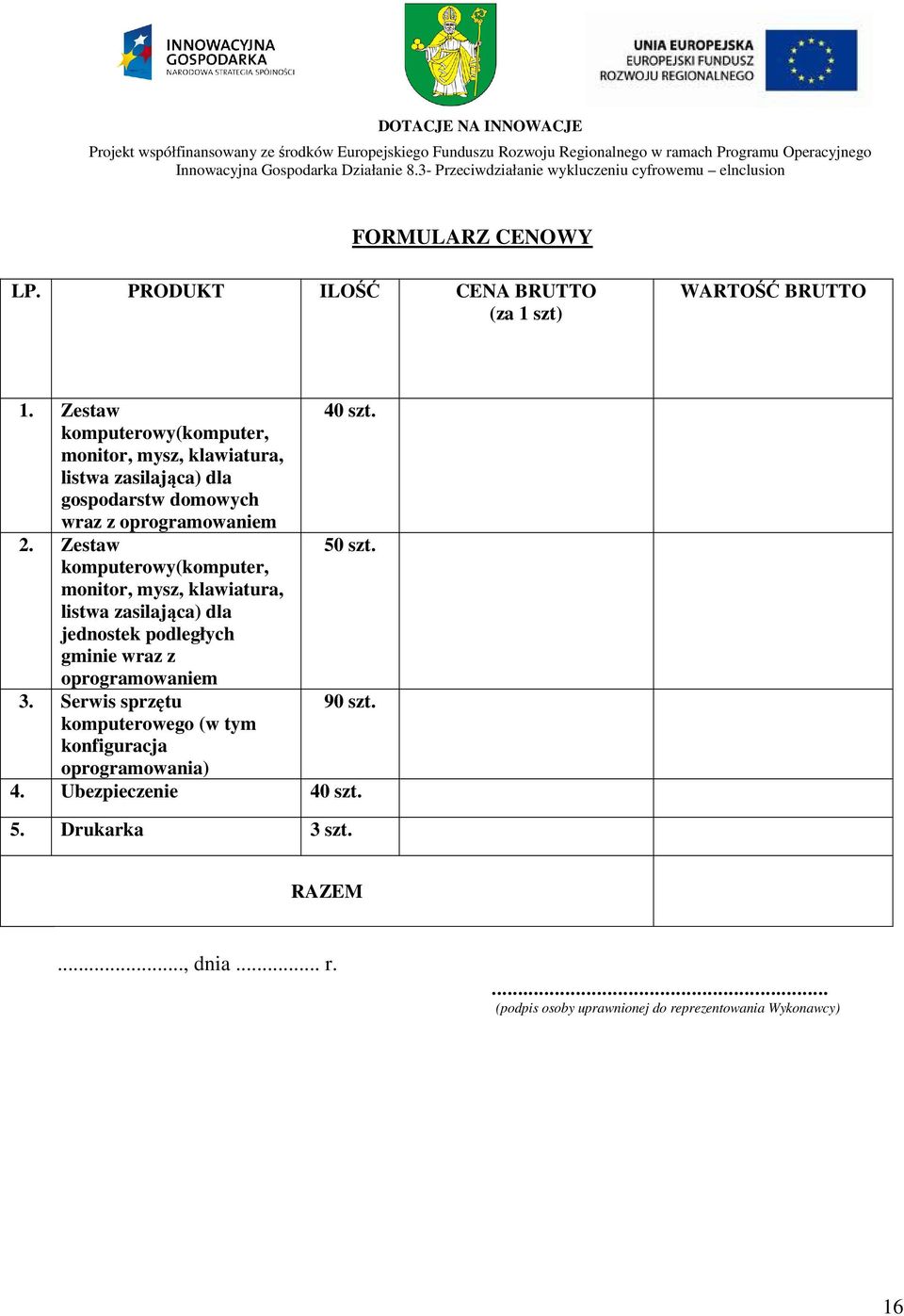 komputerowy(komputer, monitor, mysz, klawiatura, listwa zasilająca) dla jednostek podległych gminie wraz z oprogramowaniem 3.