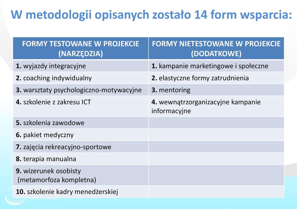 warsztaty psychologiczno-motywacyjne 3. mentoring 4. szkolenie z zakresu ICT 4. wewnątrzorganizacyjne kampanie informacyjne 5.