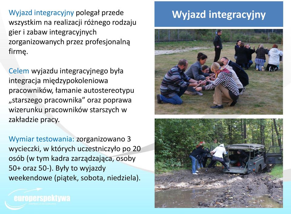Wyjazd integracyjny Celem wyjazdu integracyjnego była integracja międzypokoleniowa pracowników, łamanie autostereotypu starszego