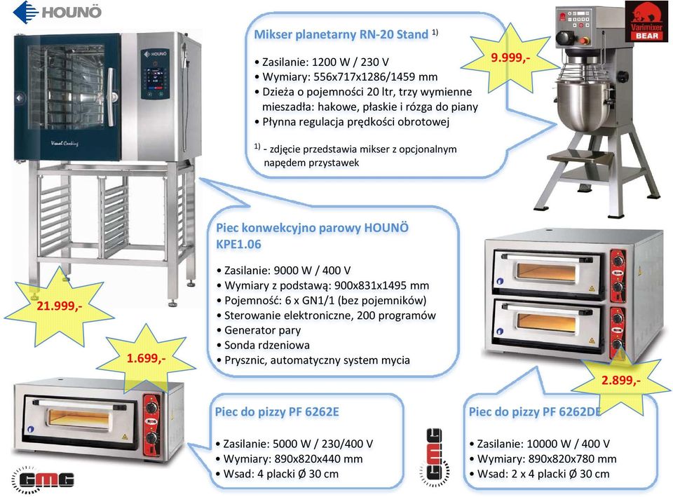 999,- 1) -zdjęcie przedstawia mikser z opcjonalnym napędem przystawek Piec konwekcyjno parowy HOUNÖ KPE1.