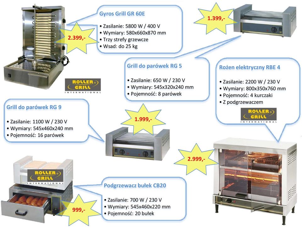 Rożen elektryczny RBE 4 Grill do parówek RG 9 Zasilanie: 1100 W / 230 V Wymiary: 545x460x240 mm Pojemność: 16 parówek Zasilanie: 650