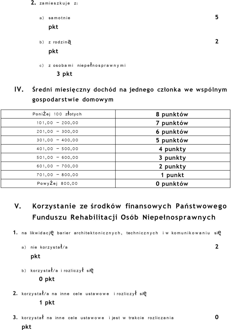 punktów 40 1, 0 0 500, 0 0 4 punkty 50 1, 0 0 600, 0 0 3 punkty 60 1, 0 0 700, 0 0 2 punkty 70 1, 0 0 800, 0 0 1 punkt P o w y ż e j 800,0 0 0 punktów V.