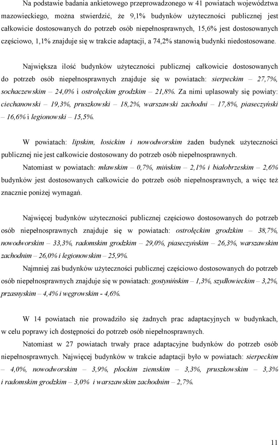 Największa ilość budynków użyteczności publicznej całkowicie dostosowanych do potrzeb osób niepełnosprawnych znajduje się w powiatach: sierpeckim 27,7%, sochaczewskim 24,0% i ostrołęckim grodzkim
