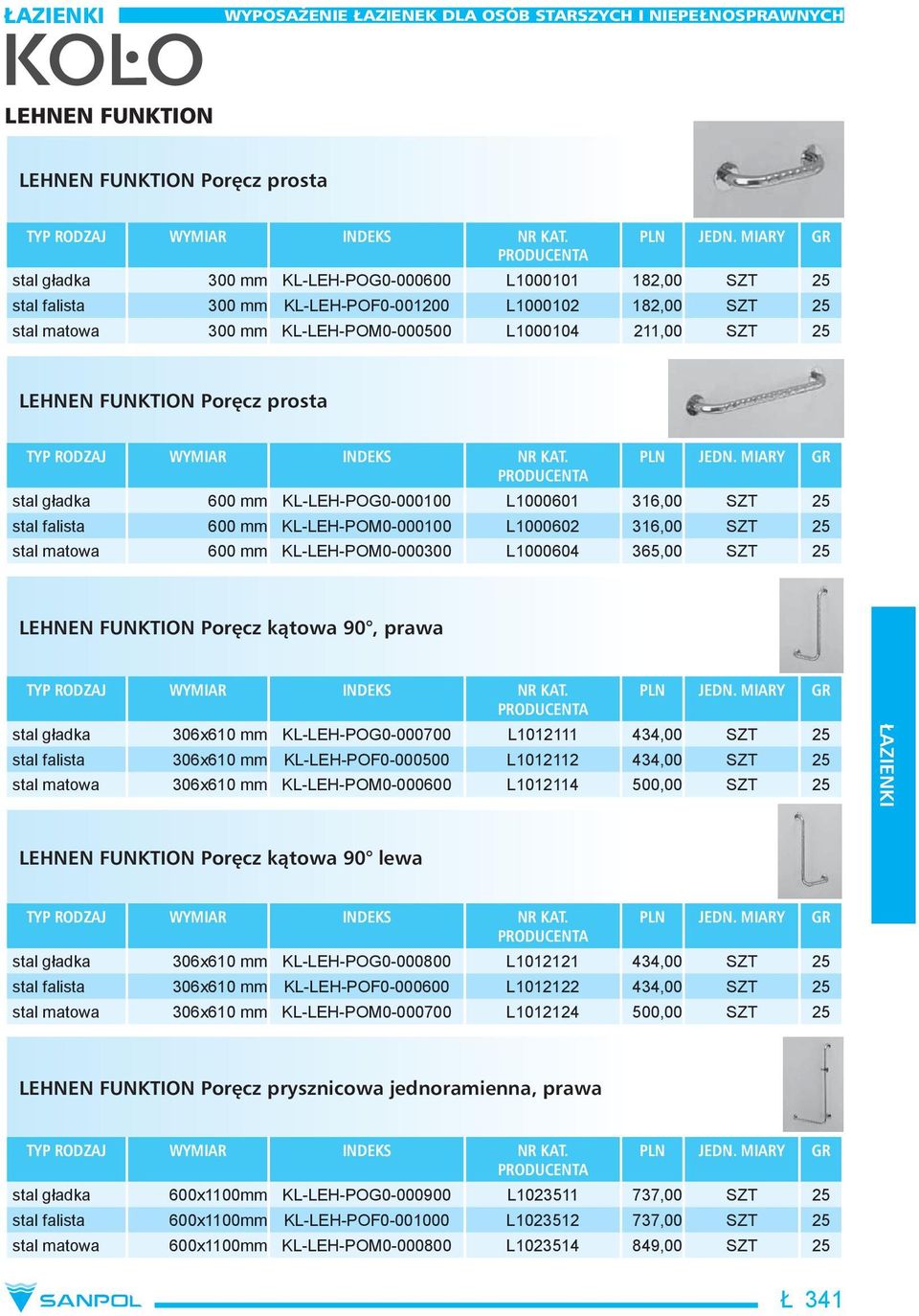 matowa 600 mm KL-LEH-POM0-000300 L1000604 365,00 SZT 25 LEHNEN FUNKTION Poręcz kątowa 90, prawa stal gładka 306x610 mm KL-LEH-POG0-000700 L1012111 434,00 SZT 25 stal falista 306x610 mm